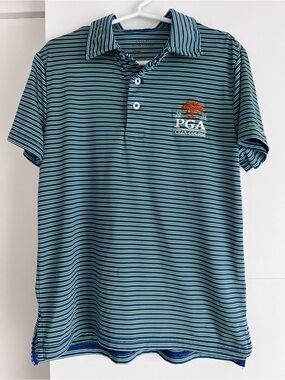 POLO Kids PGA Ocean Course Striped Golf Polo - Blue & Green